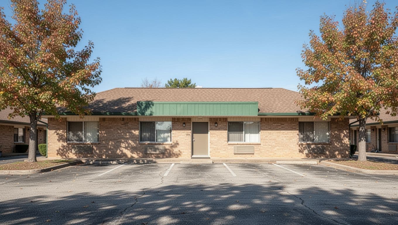 Simple front view of budget motel exterior resembling Econo Lodge in Lanett, Alabama, with parking lot, nearby trees, clear daytime weather, and bold 'Budget Stays' green headline band at top.