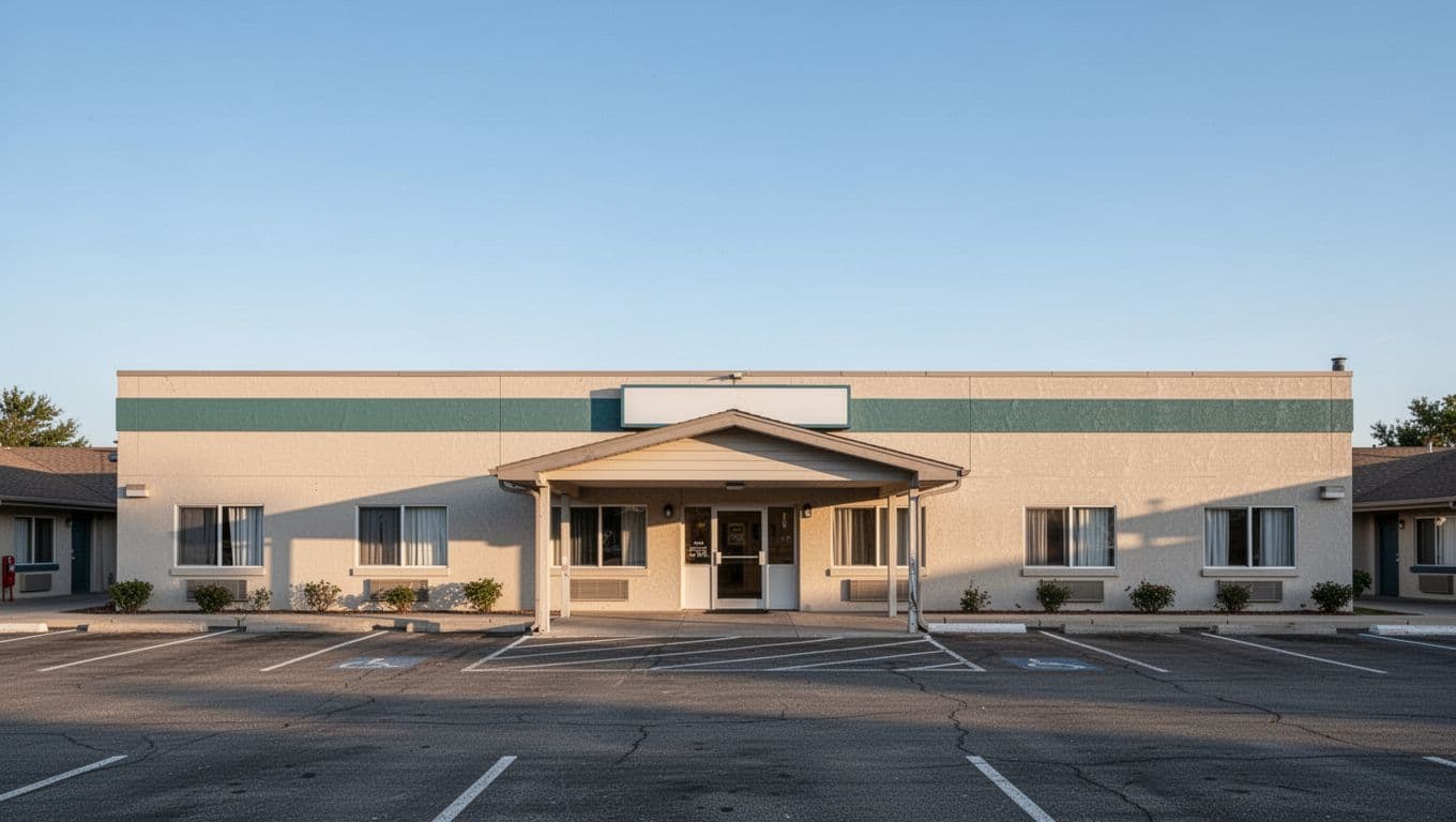 Clean single-story budget motel exterior with front parking lot and entrance sign under clear daytime sky, realistic photography style with soft natural light, no people or vehicles. Features bold 'BUDGET STAYS' headline on edge-to-edge green color band at top.