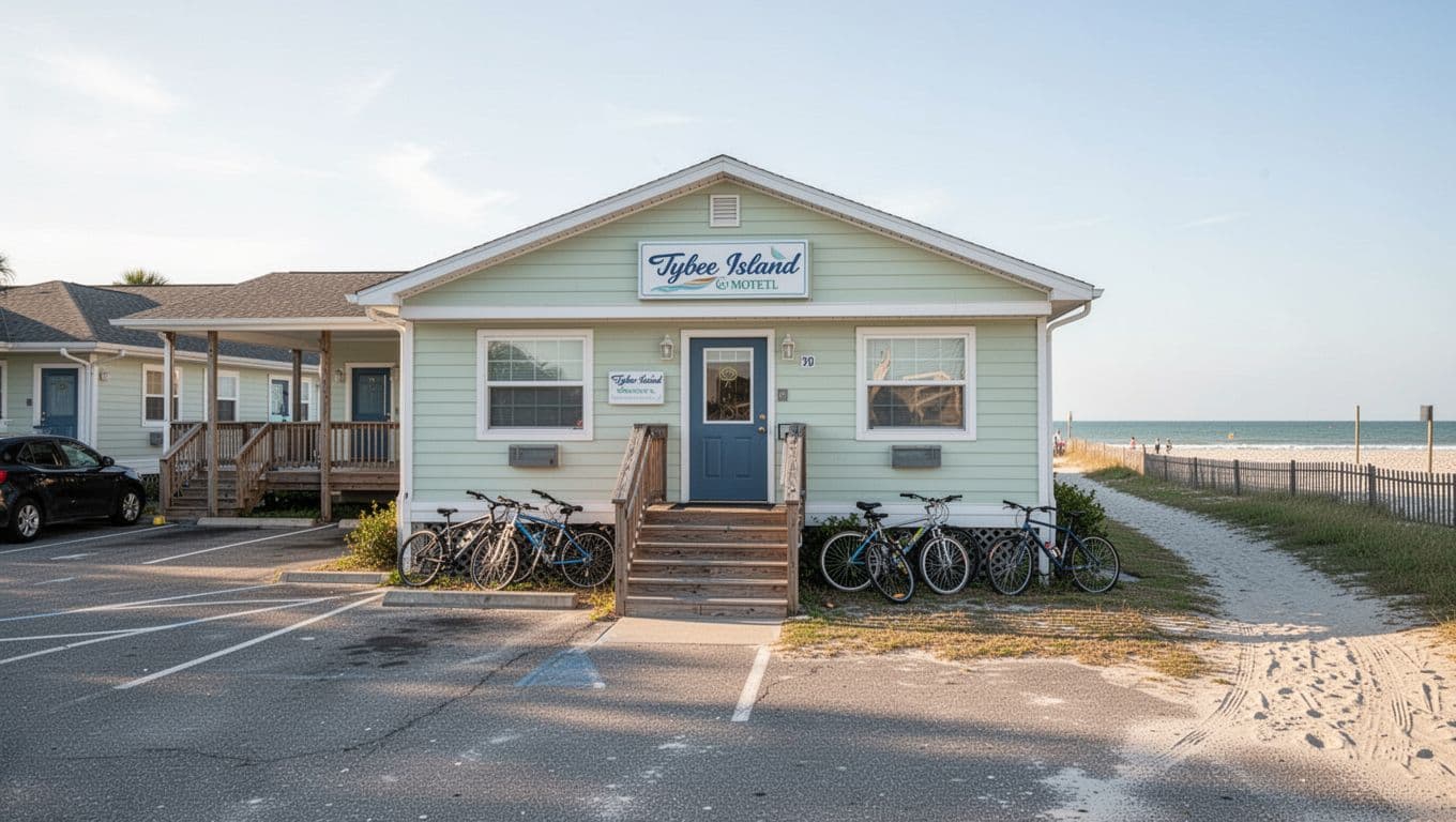 Simple clean facade of a budget motel steps from Tybee Island Beach, with parking lot in front, beach path nearby, bikes outside, and bright morning light illuminating the value-focused setup.