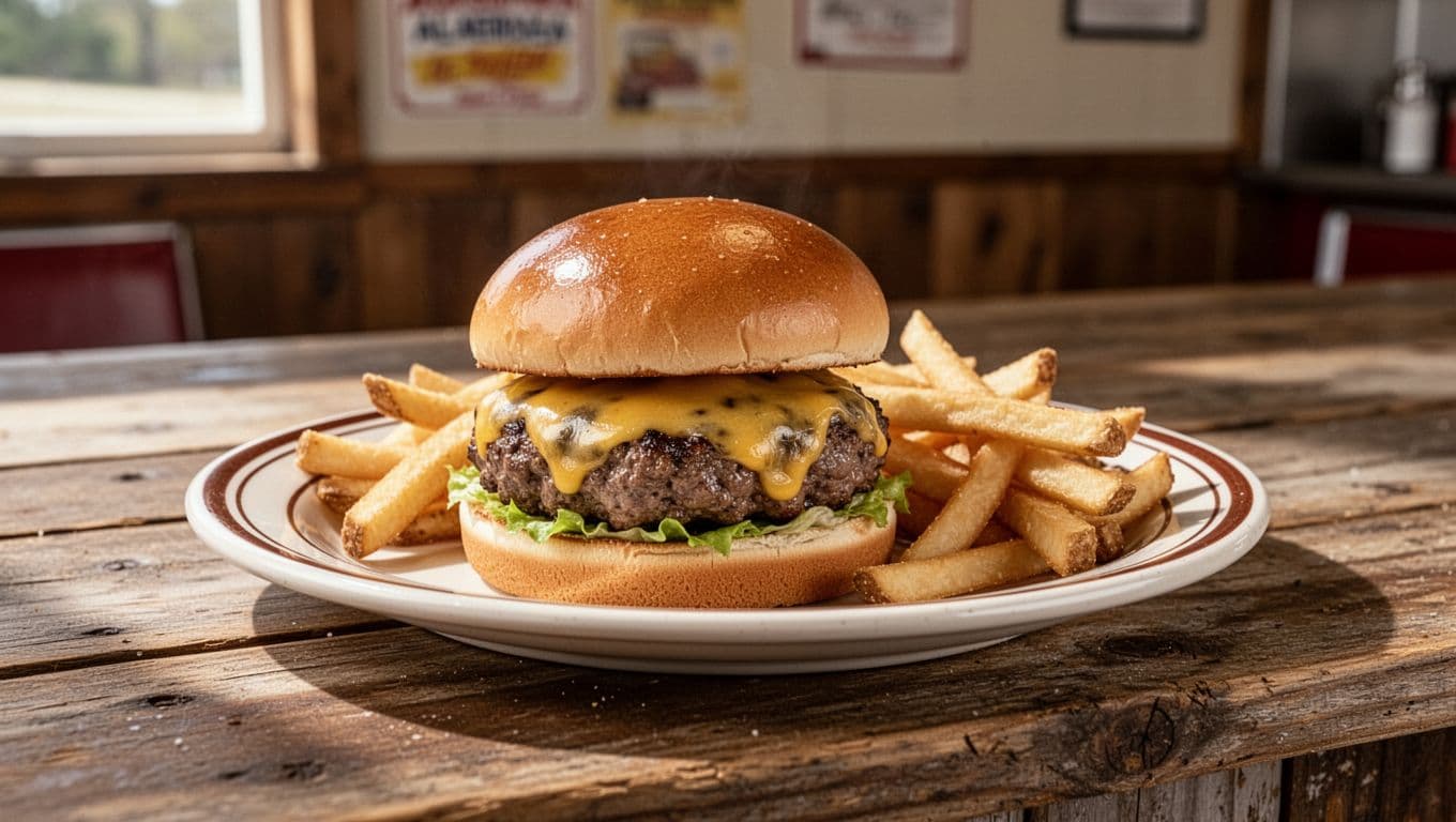 Cheeseburger and fries on diner plate below green Burger Stop headline band.