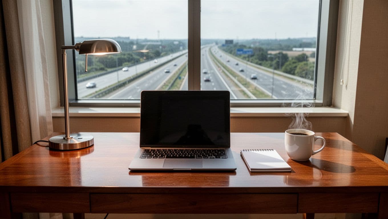 Wooden hotel desk with closed laptop, notepad, coffee mug, lamp, relaxed hands, and highway window view under top BUSINESS AMENITIES banner.