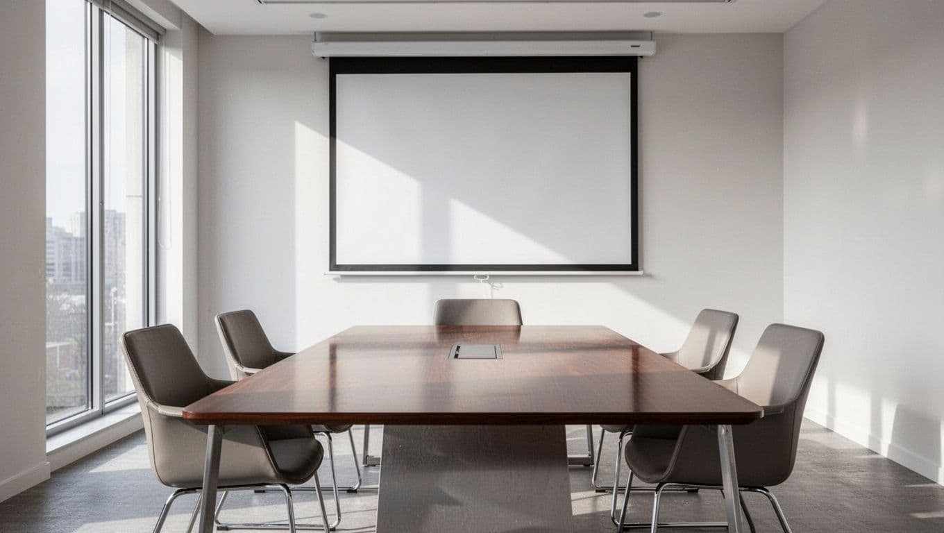 Modern hotel conference room setup with one table, four chairs, projector screen for business meetings, bright natural light from windows, simple empty composition.