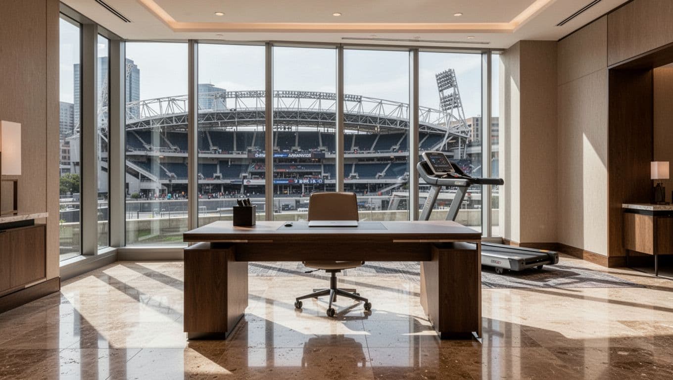 Modern business hotel lobby with professional work desk and gym equipment including a treadmill in the background, natural light, clean lines, near downtown Montgomery stadium. Features bold 'Business Stays' headline in green band at top for business travelers.