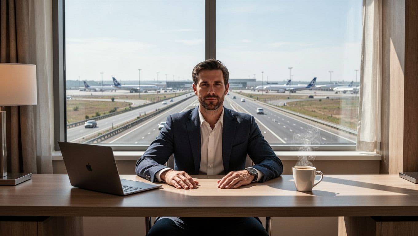 A relaxed business traveler sits at a hotel desk with a closed laptop and coffee mug, positioned near a window overlooking a highway leading to the airport. The image features a bold 'Business Stays' headline in title case geometric sans-serif font on a green top band, with natural indoor lighting.