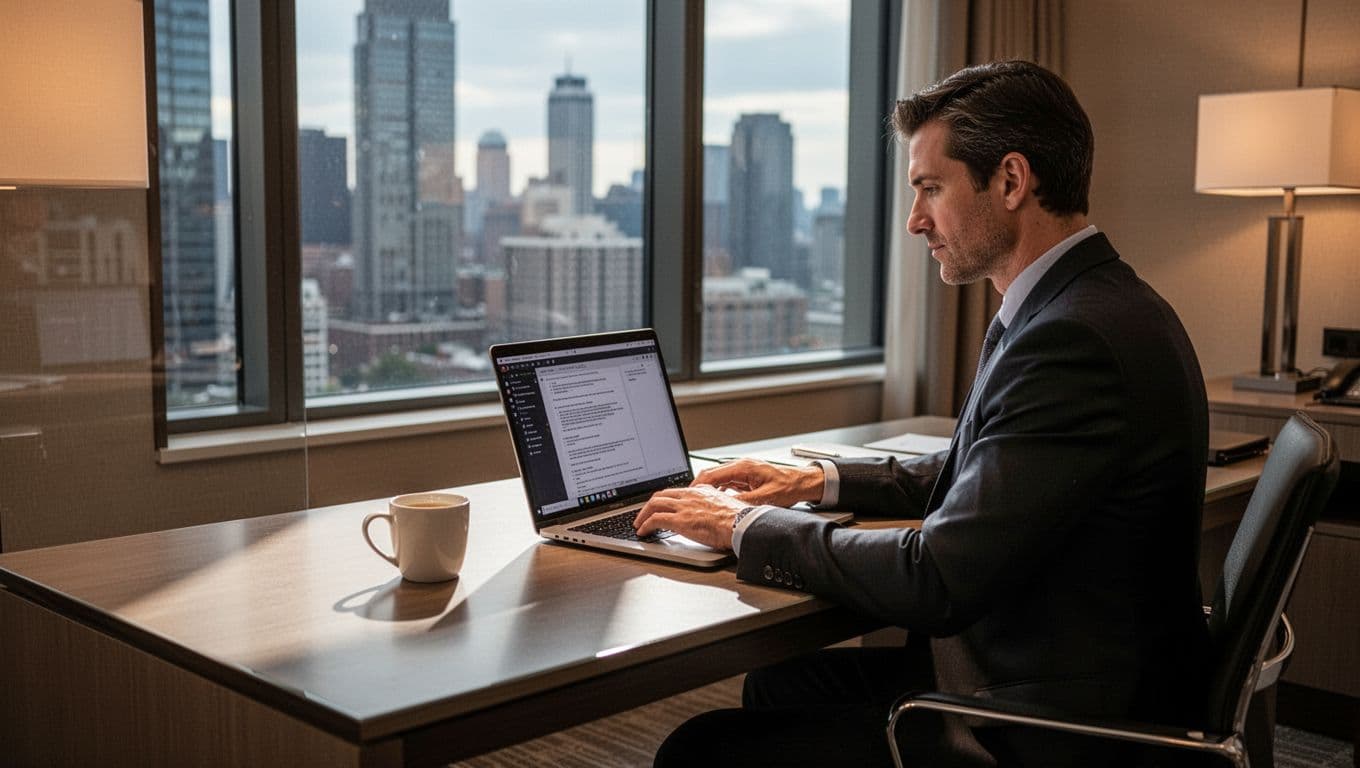 A business traveler at a modern hotel desk with open laptop and coffee mug, city skyline view, warm lighting, and bold 'Business Stays' header band emphasizing productivity.
