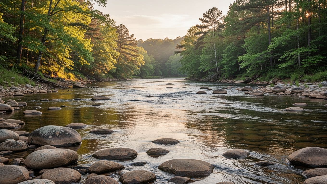 Photorealistic wide-angle landscape of the Cahaba River in rural Alabama at golden hour, with gentle flowing water, green forested banks, rocks along the shore, and a top green banner headline 'Cahaba River'. Realistic style with no people or buildings, centered composition.