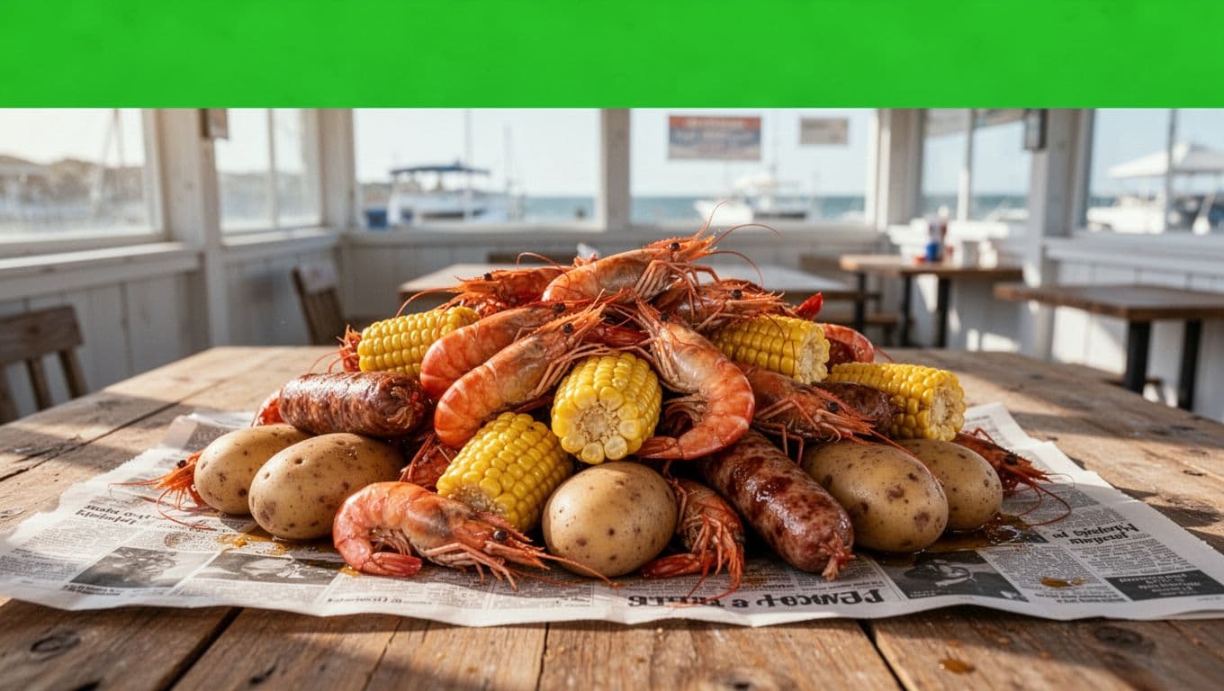Green 'Cajun Boils' header above single pile of crawfish, shrimp, corn, potatoes, sausage on newspaper-lined table in seafood shack.