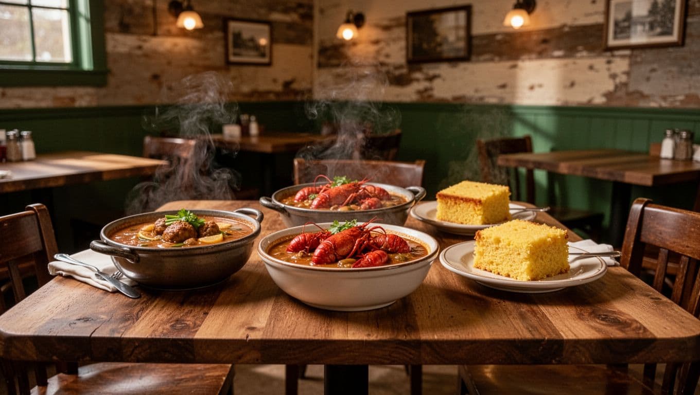 Steaming gumbo, crawfish etouffee, and cornbread on foreground table in cozy wooden Southern restaurant with warm lighting and top green 'Cajun Heat' banner.