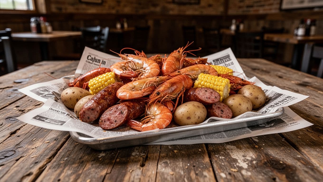 Newspaper-lined tray with shrimp, crawfish, sausage, corn, and potatoes in rustic restaurant under green 'CAJUN CAFE' banner.