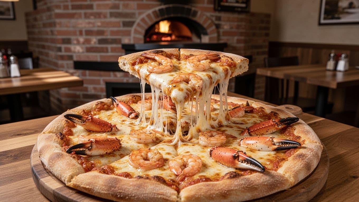 Freshly baked Cajun pizza topped with shrimp and crab claws in a cozy pizzeria setting with brick oven background and wooden tables. Overhead view of a slice with pulled cheese strings, soft lighting, high-detail appetizing food photography.