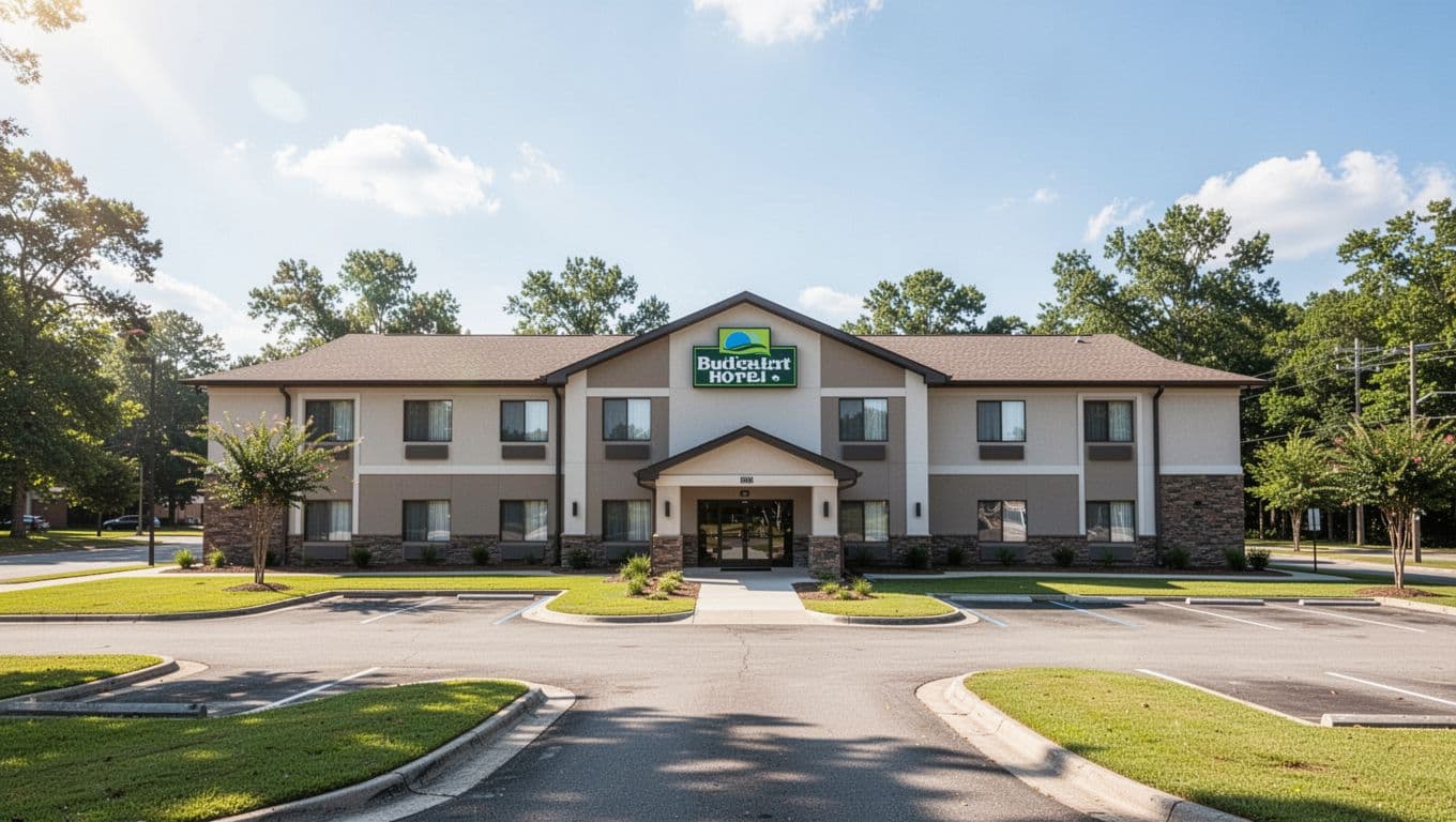 Realistic landscape photo of a modern budget hotel exterior in rural Calera, Alabama, on a sunny afternoon with clear skies, showing centered front entrance and empty parking lot amid green lawns and trees.