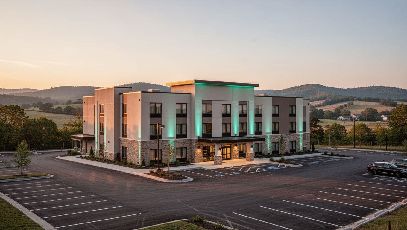 Modern hotel exterior in Calera, Alabama at dusk with warm golden hour lighting, parking lot, welcome sign, and Shelby County hills in the background. Bold branded 'Calera Stays' headline on a green #22C55E band.