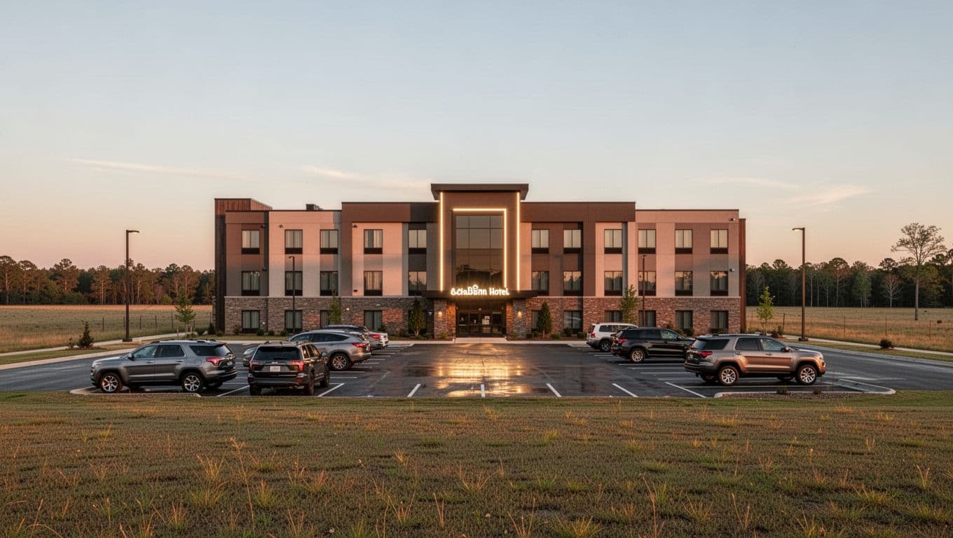 Contemporary hotel building in Alabama countryside at evening golden hour, with lit entrance sign, parking lot of SUVs, wide landscape view focusing on the front facade. Features bold 'Calera Hotels' headline in green band across the top in editorial style.
