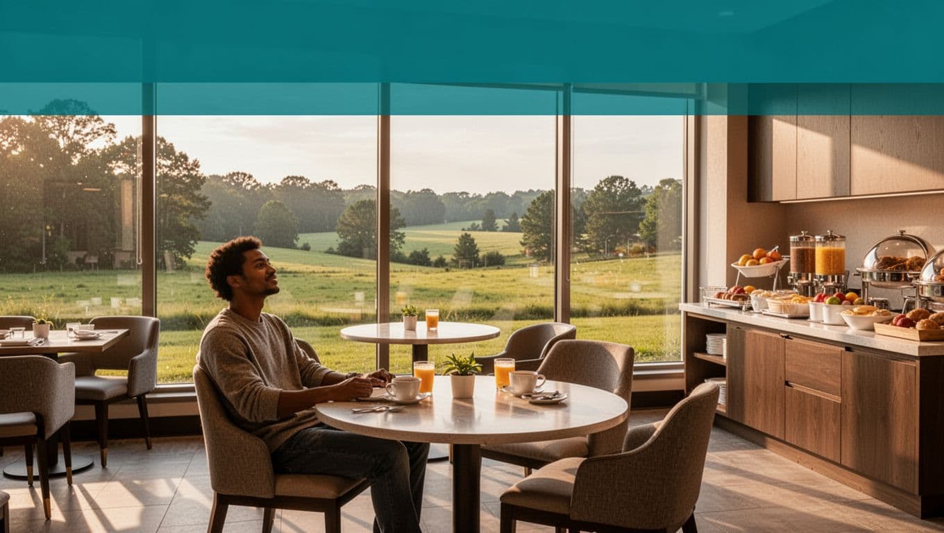 Clean modern hotel breakfast room interior with round tables, fresh buffet display, and large window view to green Alabama countryside in warm morning light. One relaxed person seated at a table in this inviting Calera hotel amenity.