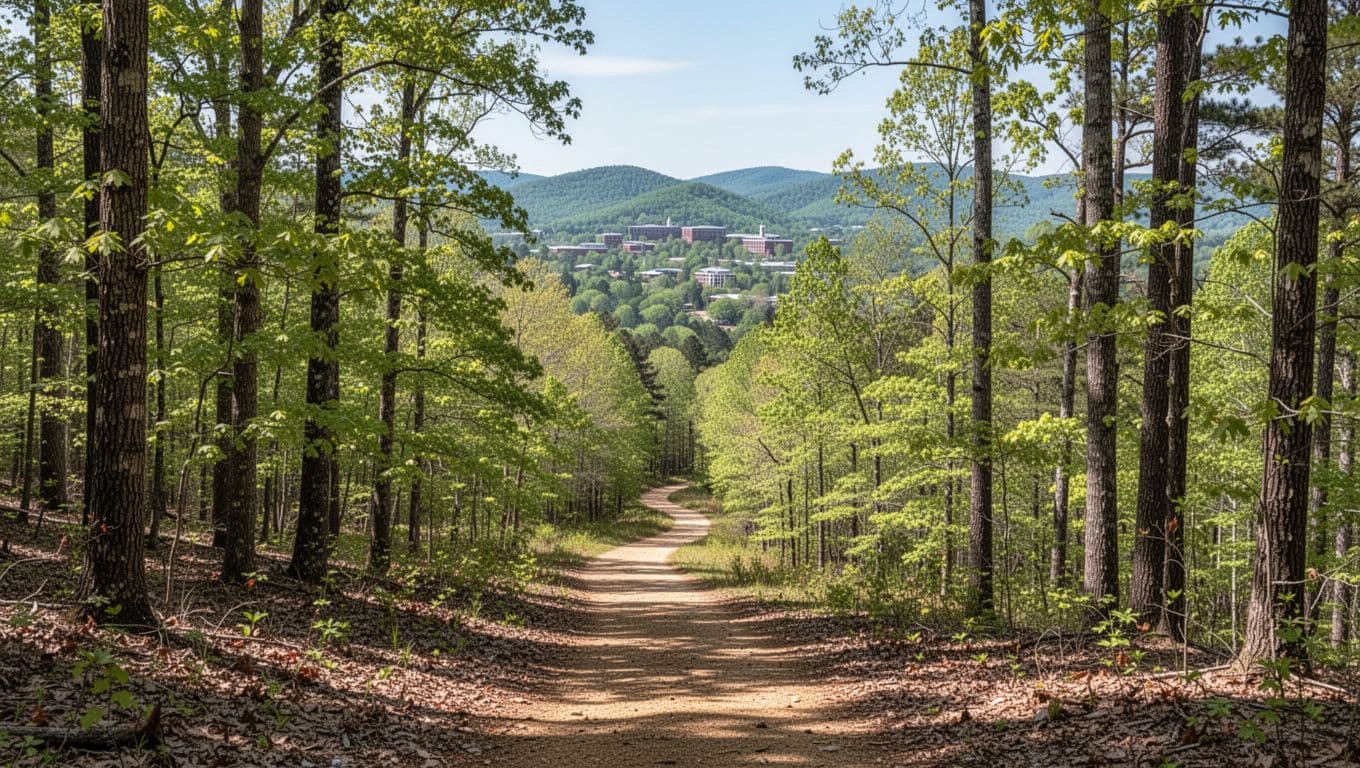 Scenic walking trail through green woods in Calhoun County, Alabama foothills, with a clear path as focal point, distant hills and university campus on a sunny day. Bold 'Local Trails' headline in vibrant green band at top, peaceful nature scene in wide landscape.