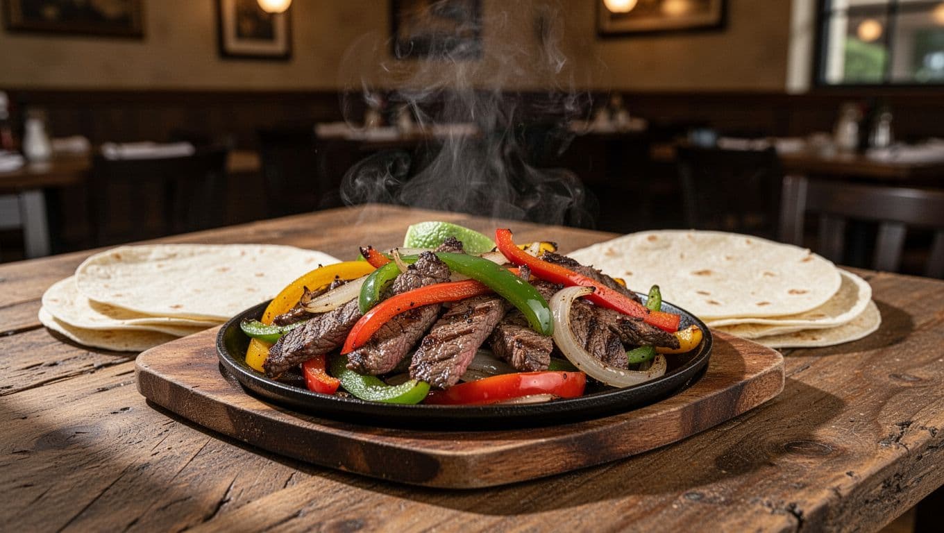 Plate of sizzling fajitas with steak, peppers, onions, and tortillas on wooden table under green Cali Baja headline band.