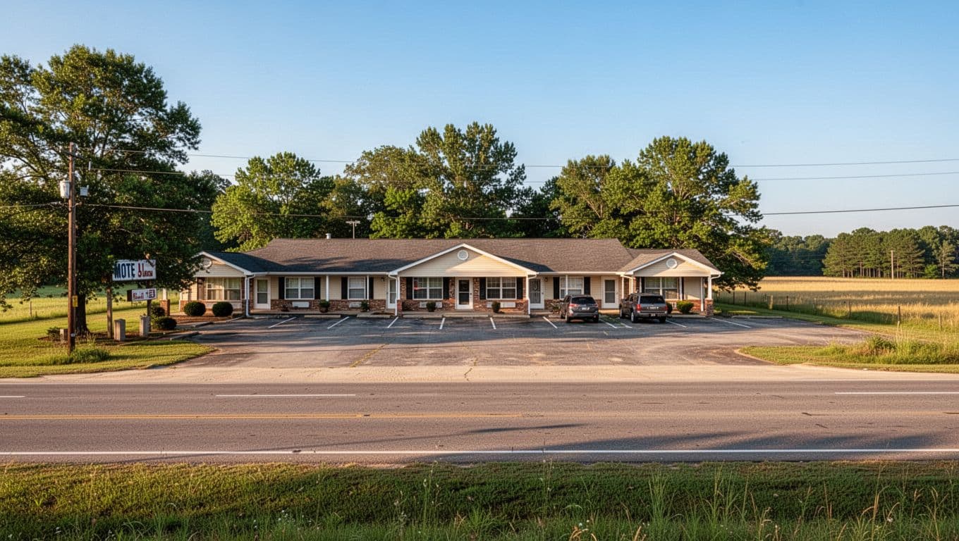 Realistic daytime photograph of a classic small-town motel exterior in rural Camden, Alabama, with quiet highway frontage, parking lot, green trees, fields, and clear blue sky under warm natural light.