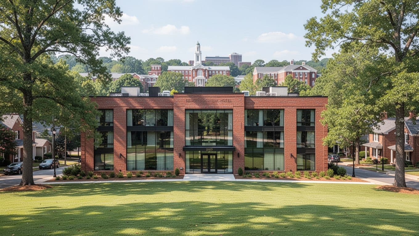 Modern boutique hotel with brick facade and large windows in suburban Homewood, Alabama neighborhood, lush green lawns and distant Samford University campus in background, topped with bold 'Campus Close' green headline band.