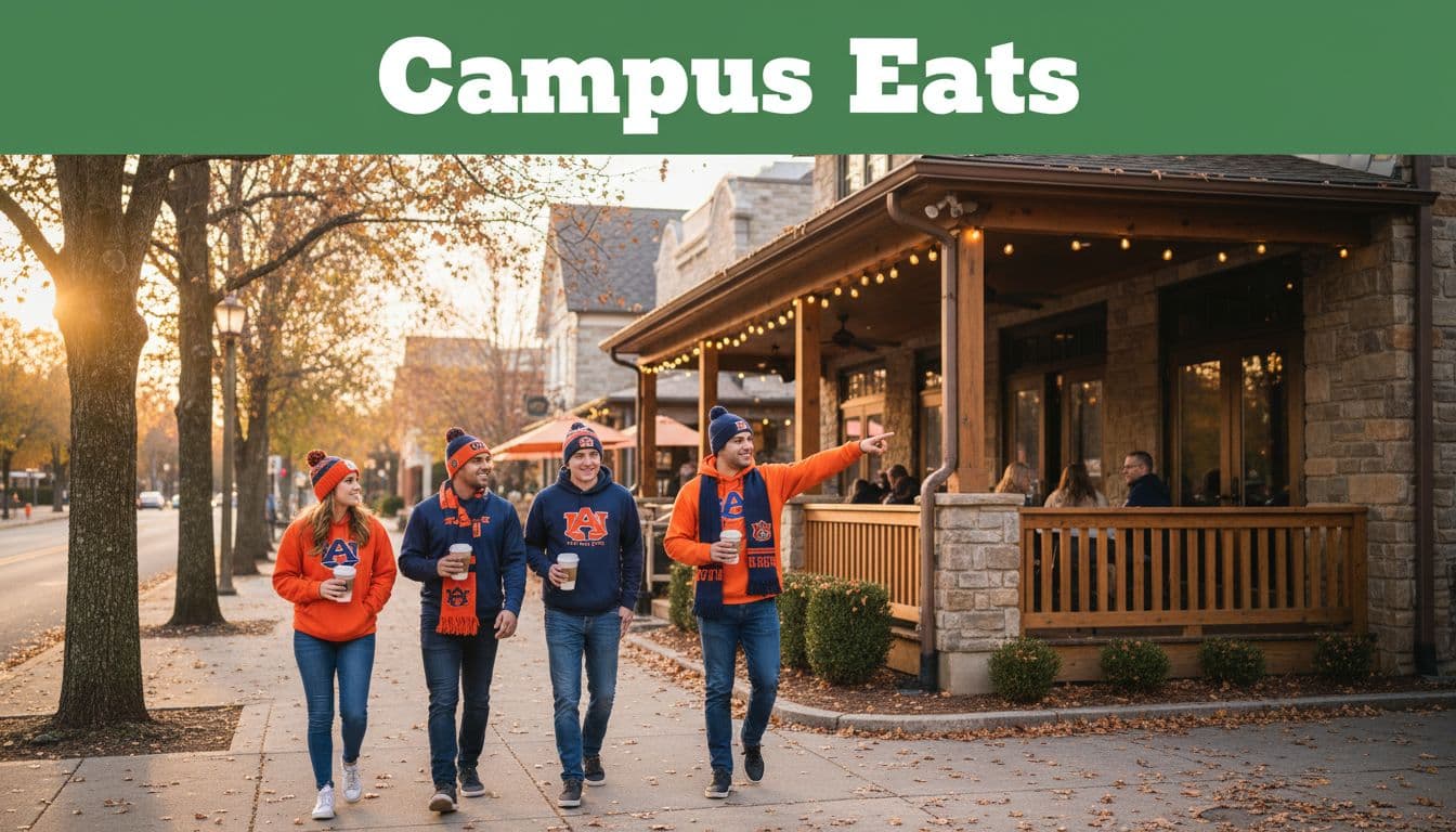 Green banner with 'Campus Eats' headline above cozy restaurant exterior near Auburn campus, four orange-clad fans walking by.