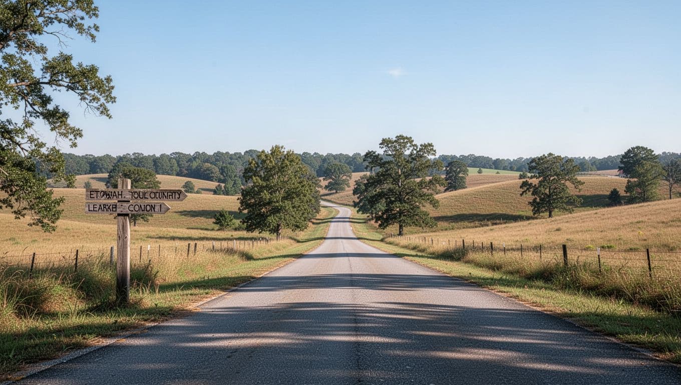 Scenic rural Alabama countryside in Etowah County with rolling hills, trees, quiet road, and Carlisle-Rockledge signpost under clear sky and soft daylight.