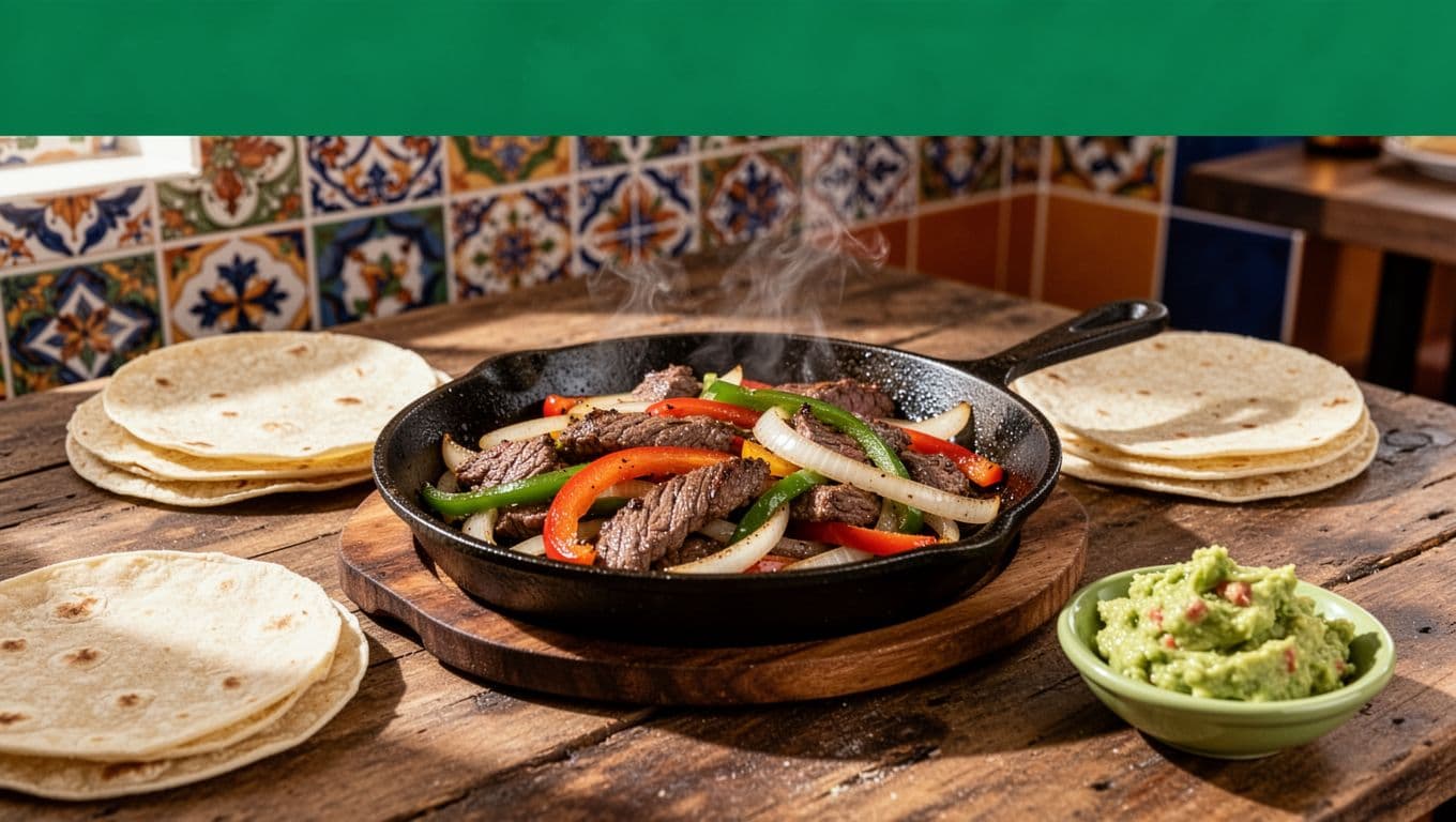 Sizzling steak fajitas with peppers and onions on cast iron skillet, tortillas and guacamole nearby on wooden table in colorful Mexican restaurant under green Casa Fiesta header.
