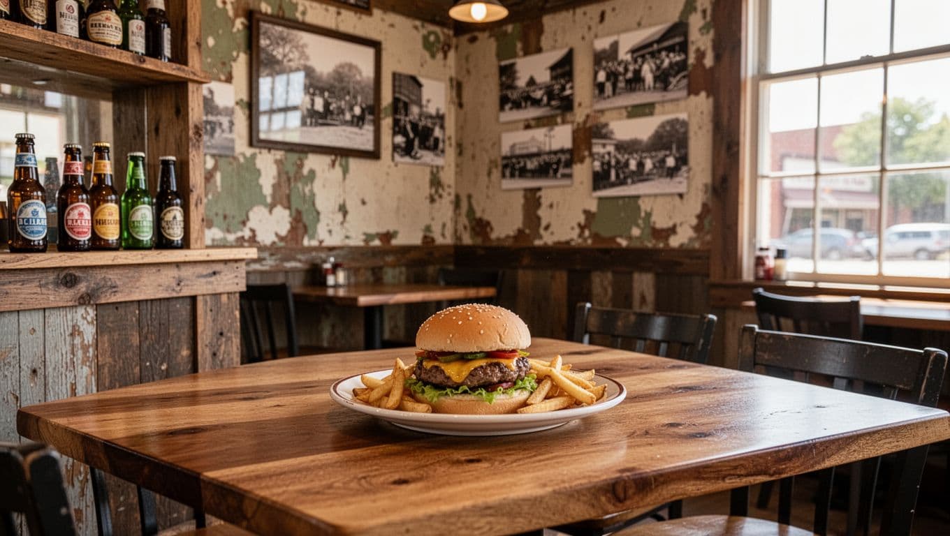 Empty wooden table with burger and fries plate in rustic Alabama cafe, craft beer shelves, historical wall photos, soft natural light.