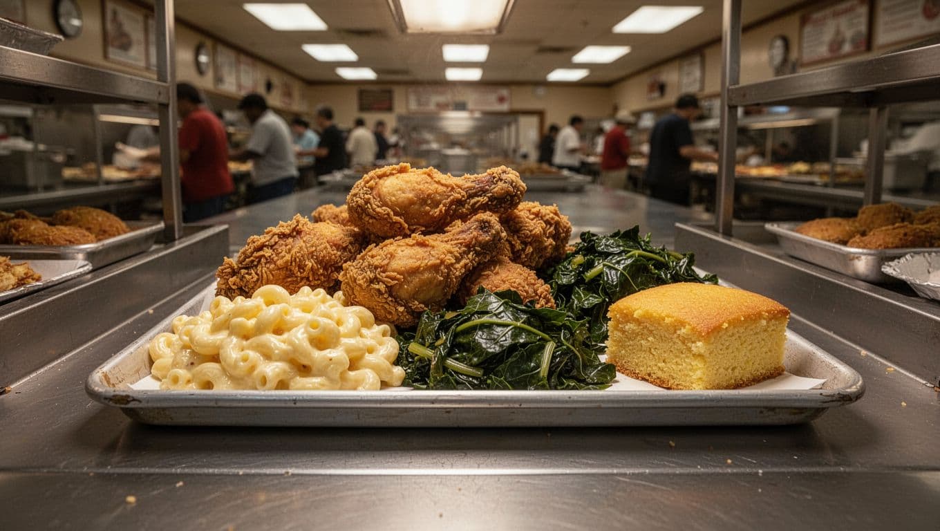 Green 'Casual Eats' banner tops a cafeteria tray of fried chicken, mac and cheese, greens, and cornbread.