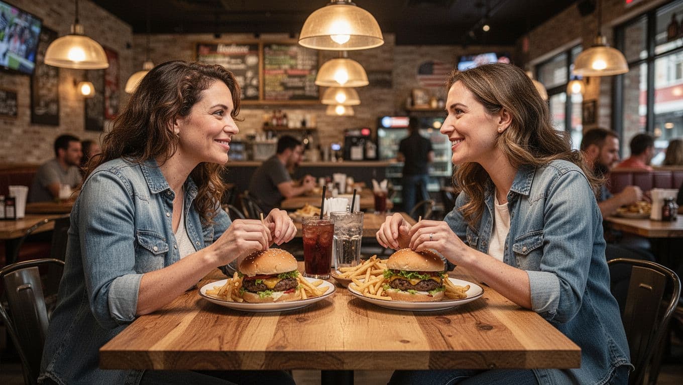 Lively casual American restaurant interior with two relaxed adults chatting and sharing burgers and fries at a wooden table under warm pendant lights, featuring a prominent 'Casual Eats' headline in bold green band.