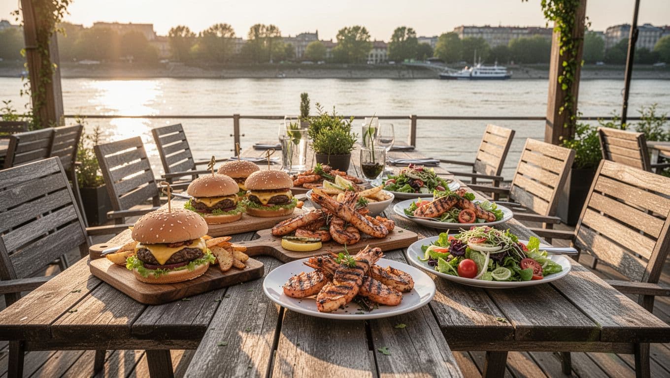 Inviting casual dining spread featuring burgers, seafood, and salads on an outdoor patio table near the riverfront, captured in wide composition with empty chairs during golden hour soft glow, topped with bold 'Casual Spots' green headline.