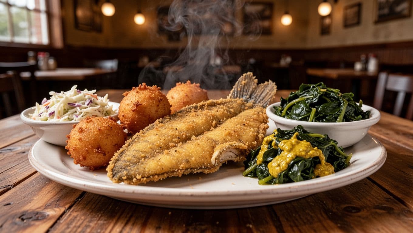 Fried catfish platter with hushpuppies, coleslaw, and mustard greens on wooden table in cozy southern restaurant under green CATFISH CLASSIC band.