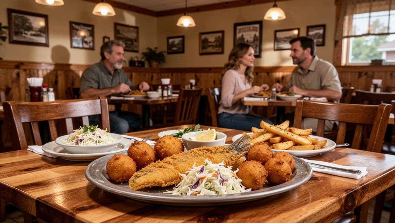Cozy Southern restaurant interior in Millbrook, Alabama, showcasing a dinner table with golden fried catfish, hushpuppies, coleslaw, and fries amid warm wooden decor and soft lighting, with a couple in the background and branded 'Catfish House' headline.