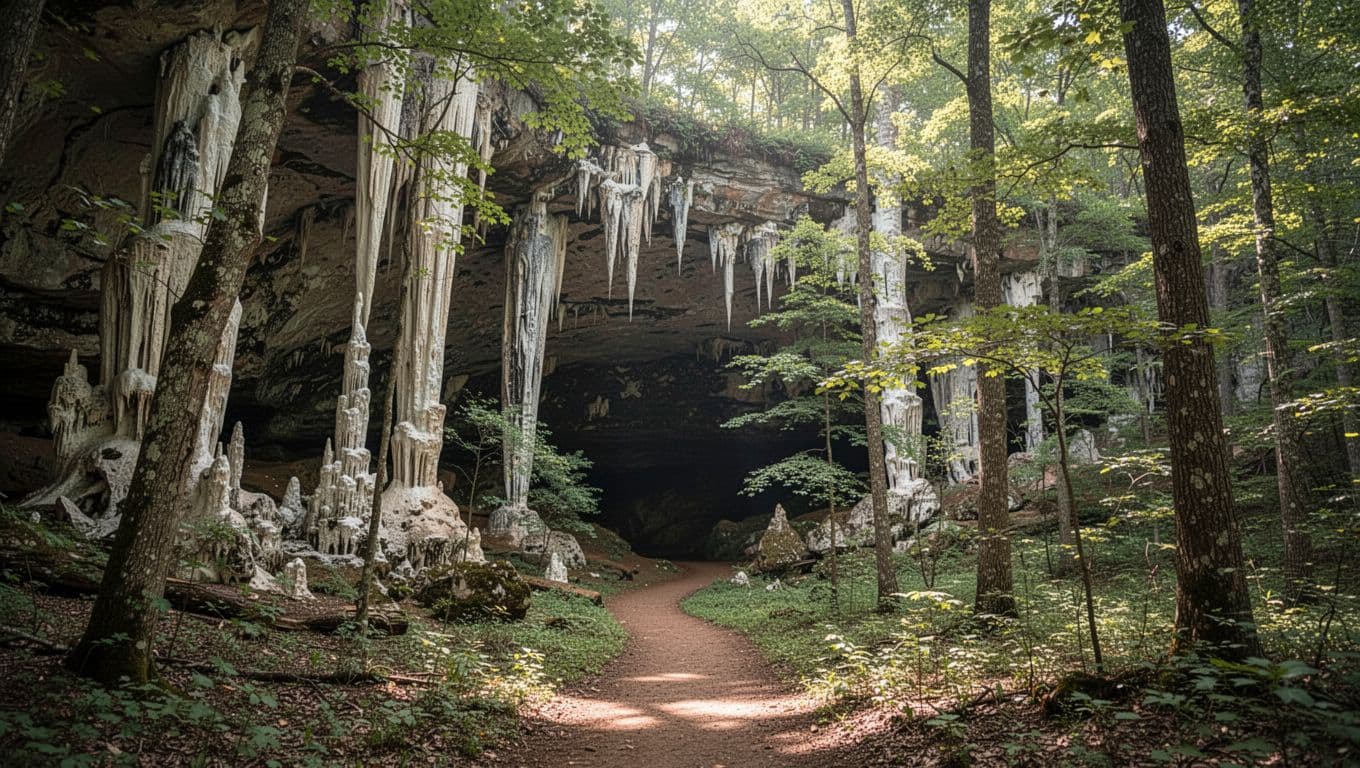 Massive cave entrance with tall stalactites in a North Alabama forest at Cathedral Caverns State Park, daylight filtering in with a path leading inside. Bold 'Cave Gateway' headline in green band across the top in editorial style.