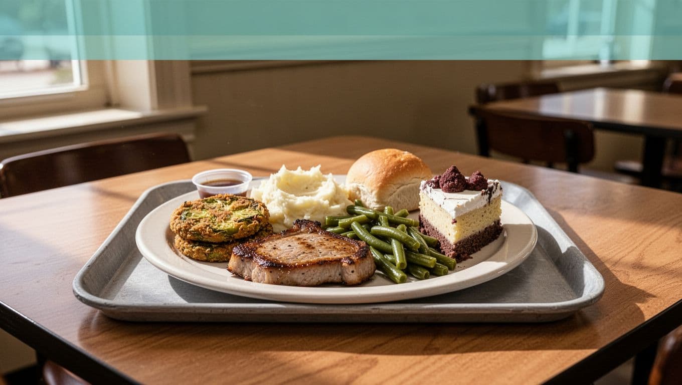 Cozy Southern cafeteria interior shows single tray of pork chop, fried green tomatoes, mashed potatoes, green beans, roll, and dessert slice on wooden table.
