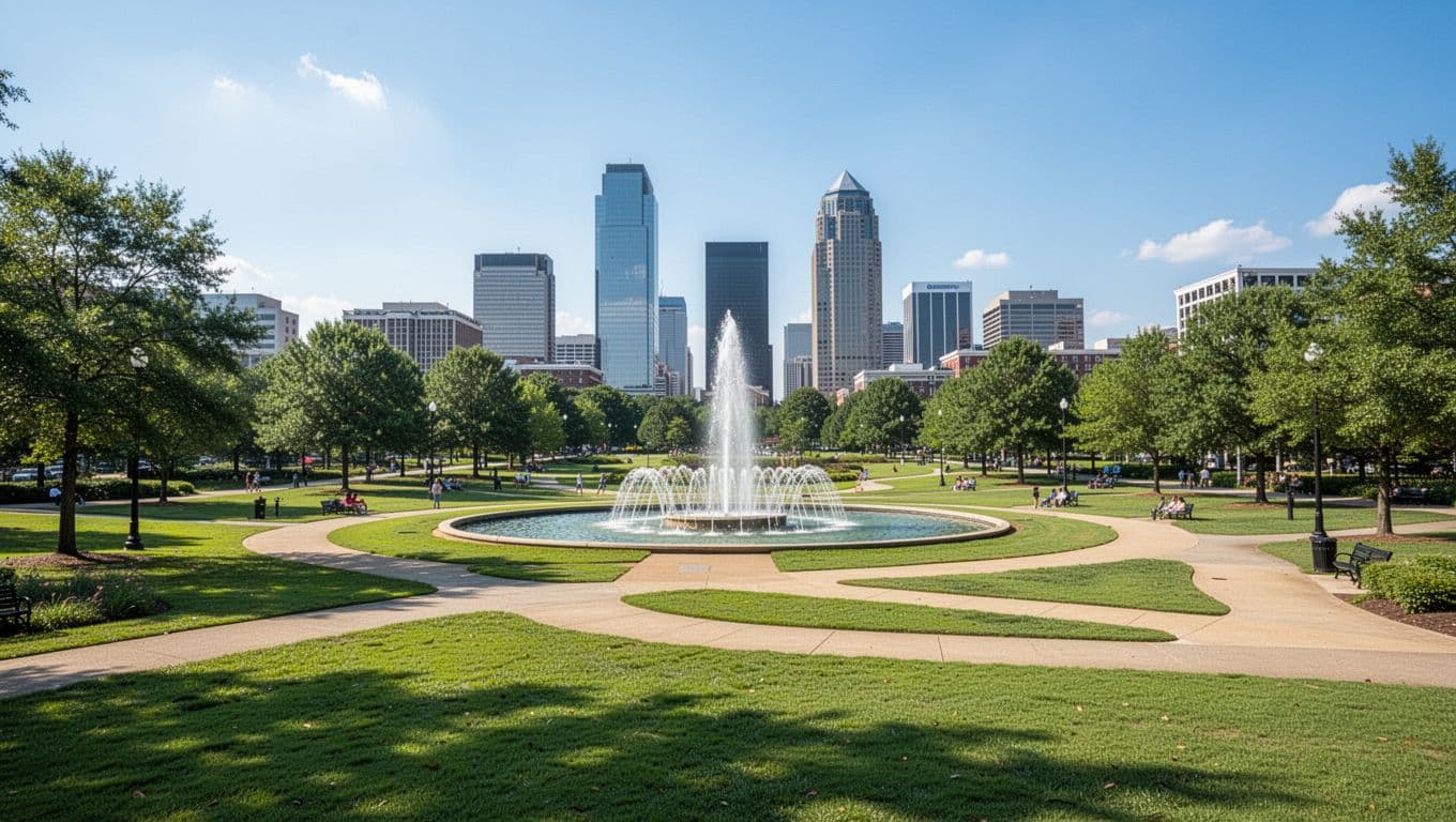 Vibrant green Centennial Olympic Park in Atlanta with city skyline background, daytime wide landscape composition featuring central fountain and paths under clear blue sky and bright sunlight. Bold 'Park Hotels' headline in green band emphasizes prime hotel location benefits.
