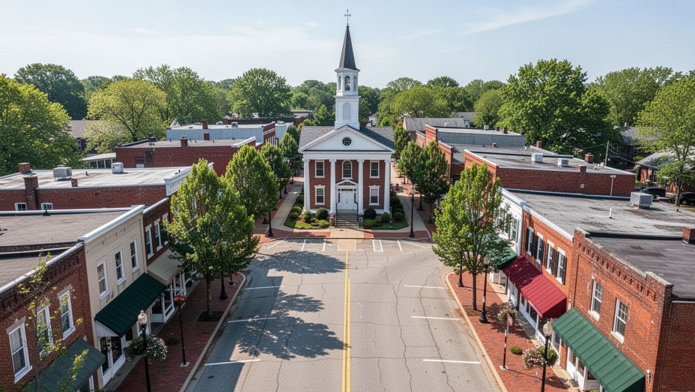 Aerial photography of Centreville Alabama's downtown main street, showcasing the historic courthouse, few shops, and tree-lined roads under a clear daytime sky, with a green banner headline 'Downtown Vibes'. Realistic style with no people or vehicles, centered composition.