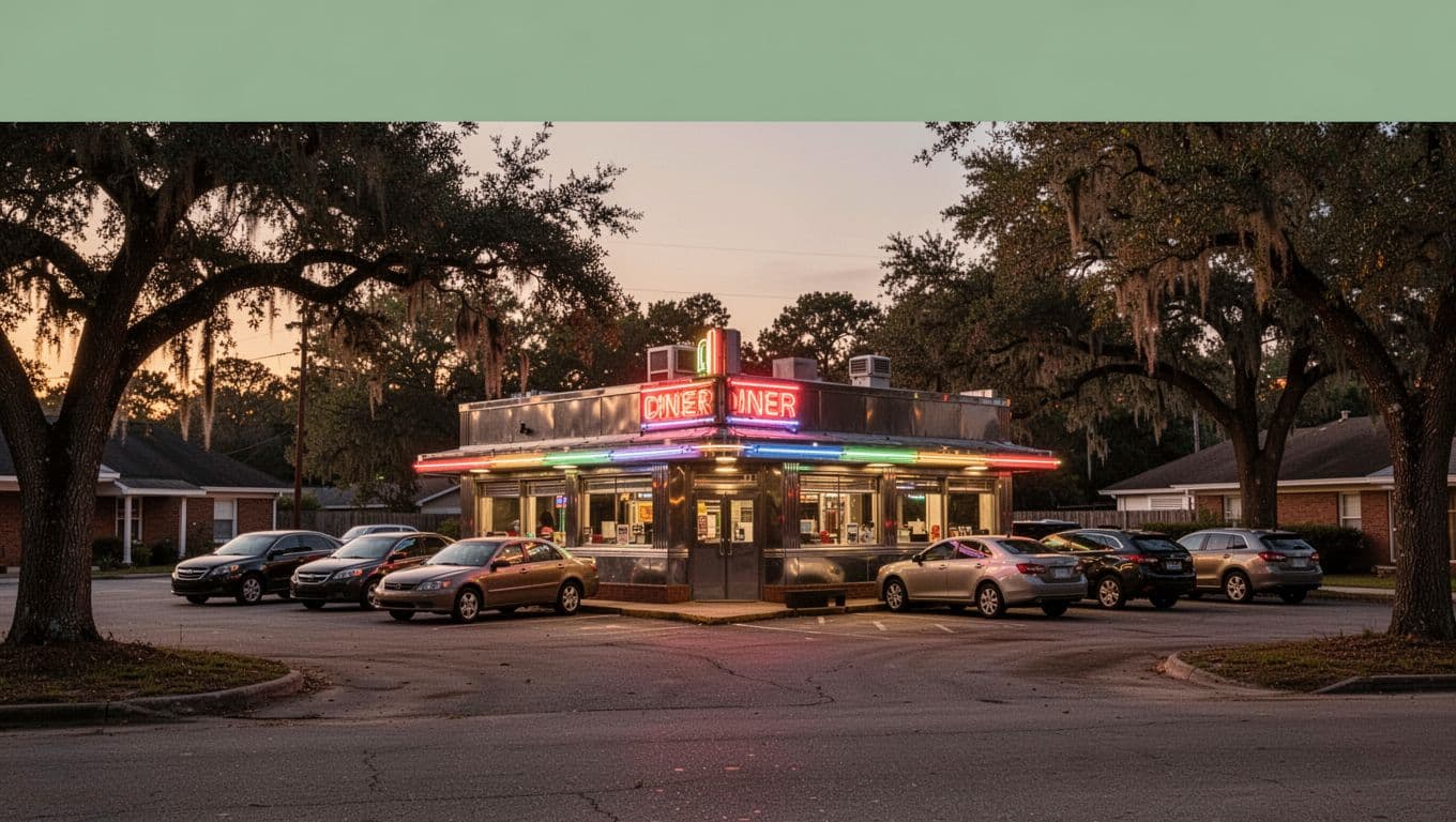 Diner exterior at dusk with glowing neon sign, parked cars in lot, oak trees, topped by green banner 'Centreville Eats'.