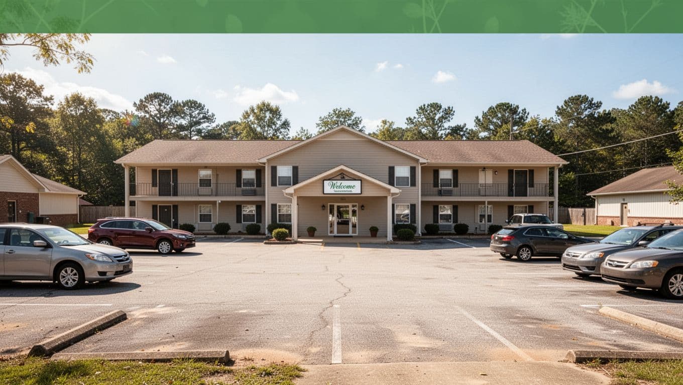 Realistic sunny daytime photo of a clean budget hotel like Hampton Inn in rural Alabama, centered on facade with large parking lot and few cars, welcoming sign, top green band with 'Centreville Stays'.