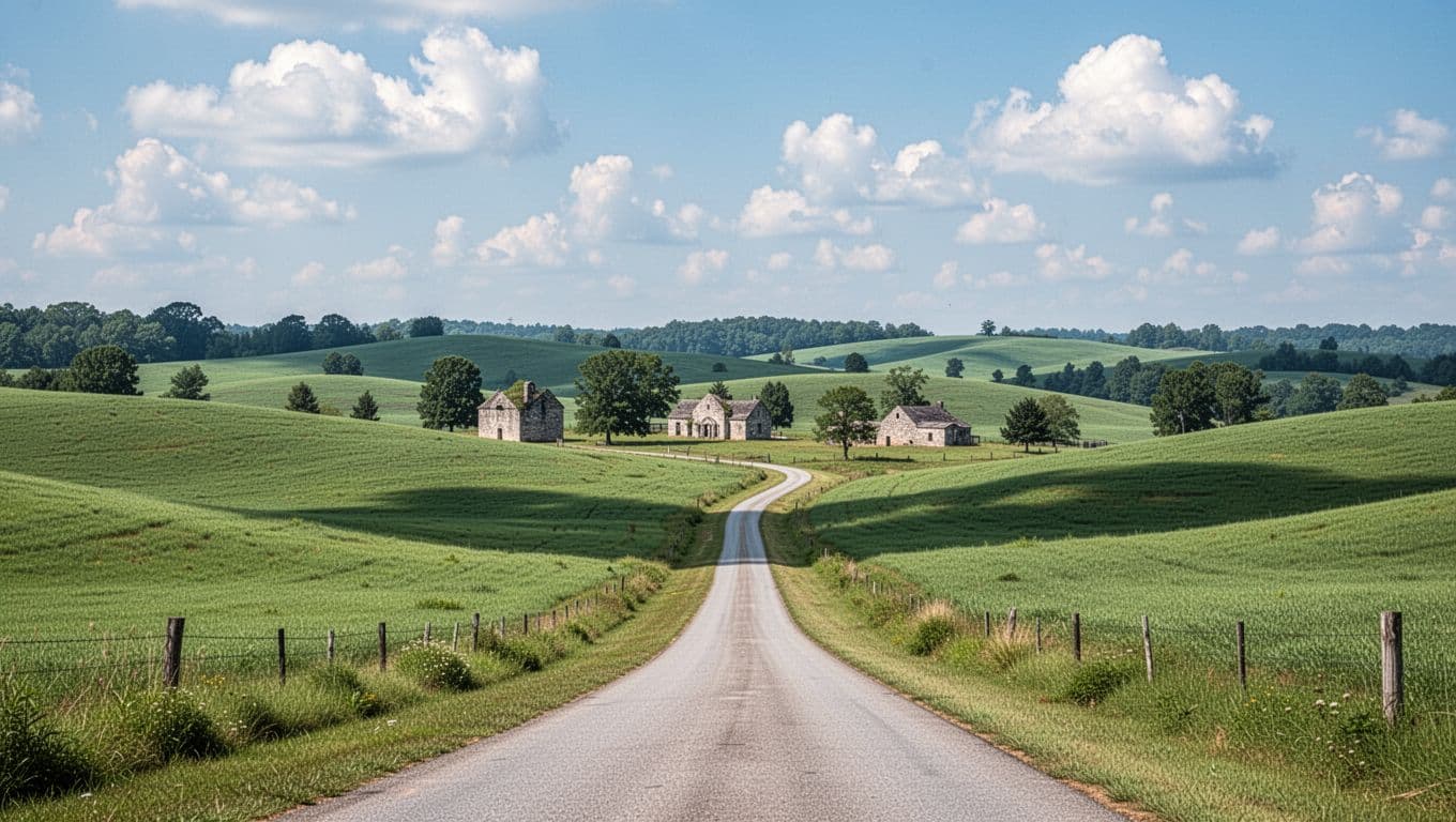 Realistic daytime landscape photo of rolling green hills, fields, small town road, and distant historic buildings in Chambers County, Alabama countryside under partly cloudy blue sky, emphasizing natural beauty with no people or vehicles. Includes bold 'Local Views' headline in Montserrat font on green top band.