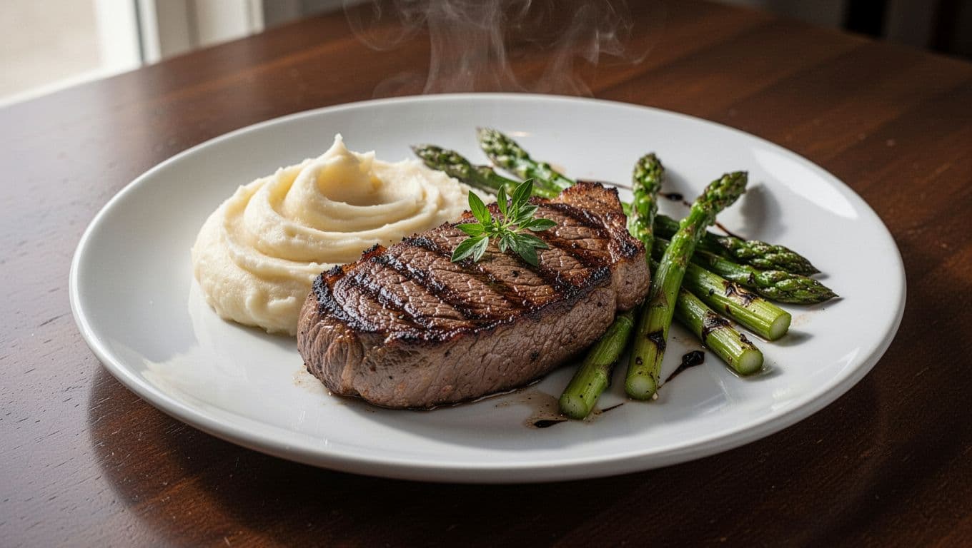 Closeup of juicy chargrilled top sirloin steak plated in upscale steakhouse style with creamy mashed potatoes, grilled asparagus spears, and herb garnish on white ceramic plate, subtle steam rising on dark wooden surface.