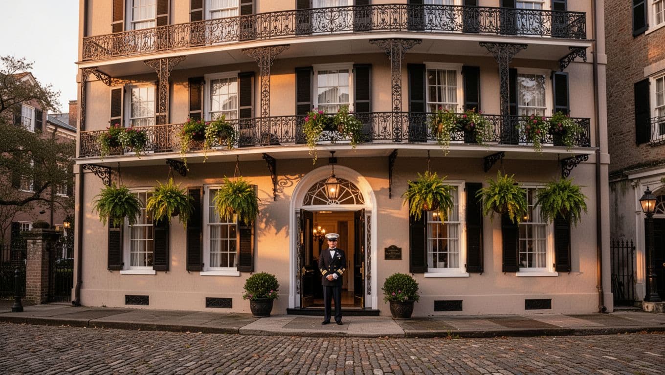 Elegant three-story boutique hotel exterior in historic Charleston SC near City Market, with wrought-iron balconies, hanging plants, arched entrance, and one uniformed doorman on cobblestone street in golden hour light. Bold 'Walk Hotels' branding in green sans-serif font at top.