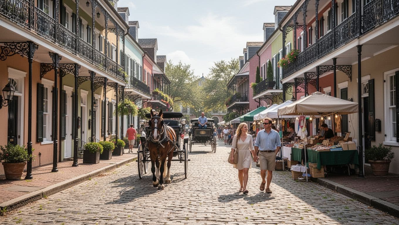 Historic cobblestone street in Charleston French Quarter near City Market with colorful row houses, balconies, approaching horse-drawn carriage, and two pedestrians heading to market stalls in bright sunlight.