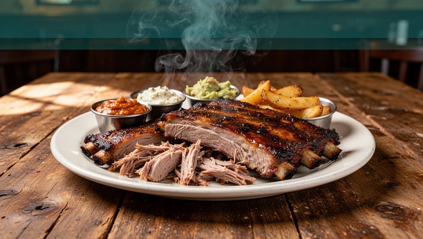 Smoky pulled pork platter with ribs and sides on wooden table, green top band with 'Charlie's BBQ' text.