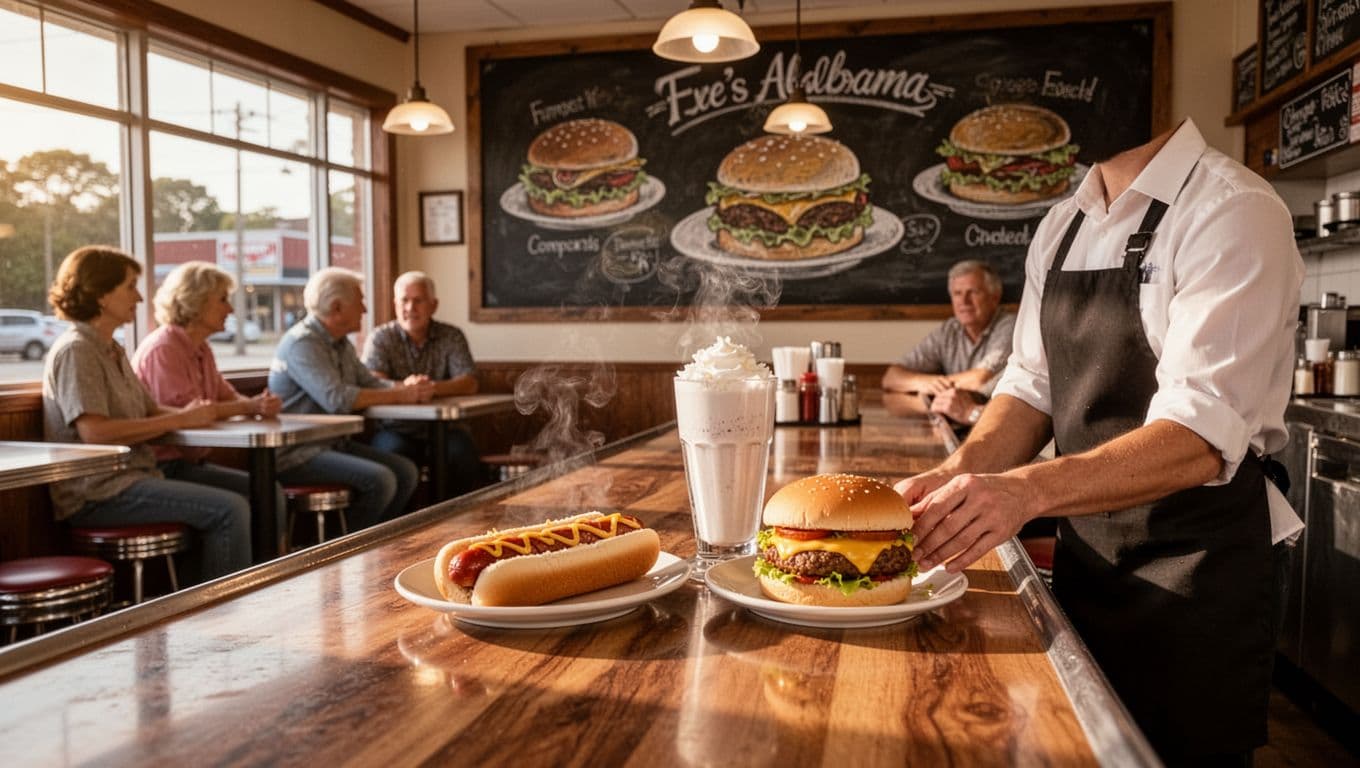 Cozy diner counter with menu board listing hotdogs, burgers, and milkshakes below green Chat N Chew headline band.