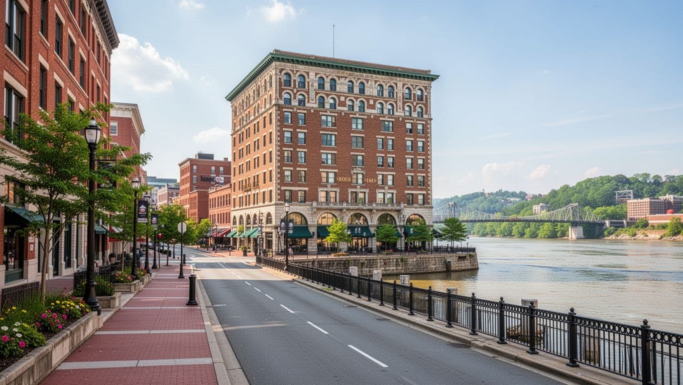 High-detail realistic photo of a historic hotel exterior on a pedestrian walkway in Chattanooga's downtown near the riverfront, with a glimpse of the river in the background under clear daytime skies and bright natural light. Bold headline 'Downtown Access' in a green edge-to-edge band at the top.