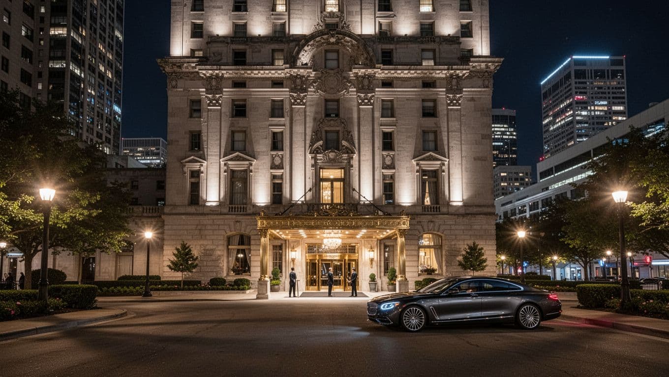 Nighttime wide landscape shot of grand luxury historic hotel entrance with valet area and doorman near Chattanooga downtown convention center, bold 'Luxury Options' headline in green band at top, no people visible, dramatic lighting.