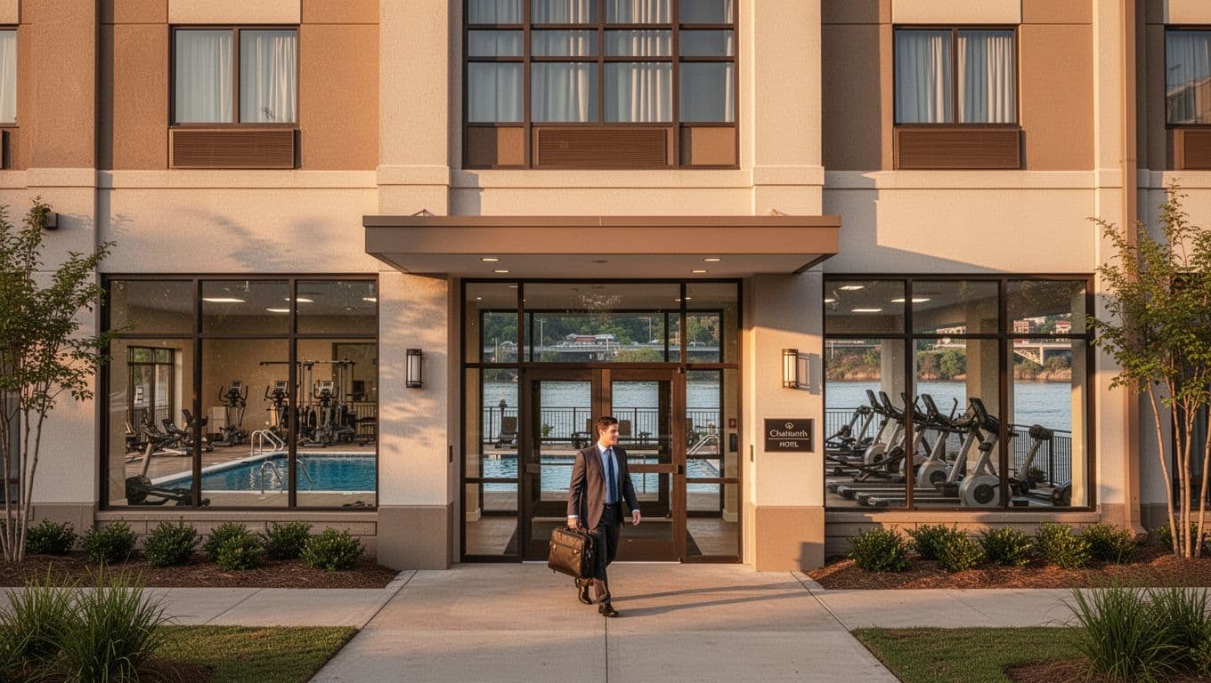 Mid-range hotel exterior with inviting pool and gym visible through windows near Chattanooga convention center, evening golden hour light, featuring one business traveler exiting the entrance with Chattanooga river in background.