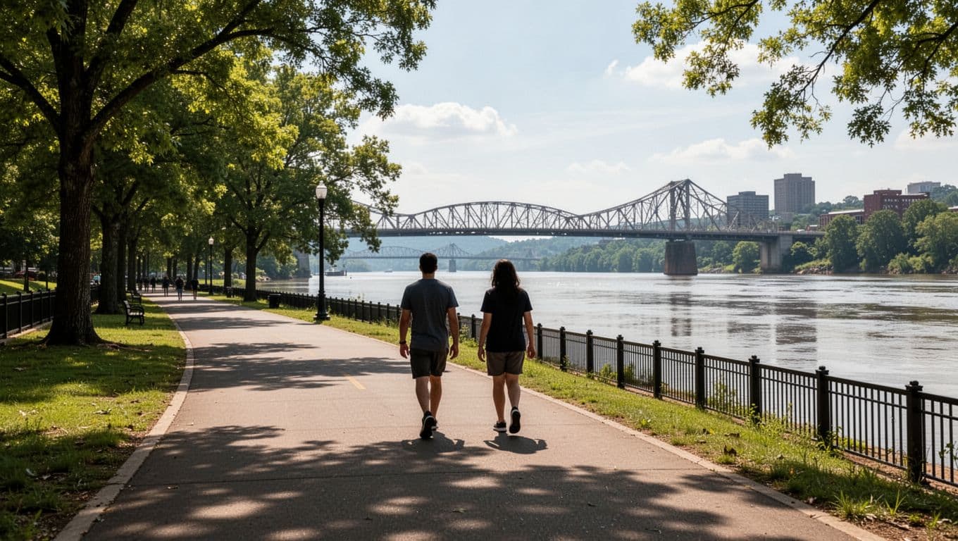 Wide walking path along the Chattanooga Tennessee River riverfront featuring the Walnut Street Bridge in the distance, lush green trees, calm river water, and two people walking away from the viewer in vibrant daytime natural light.