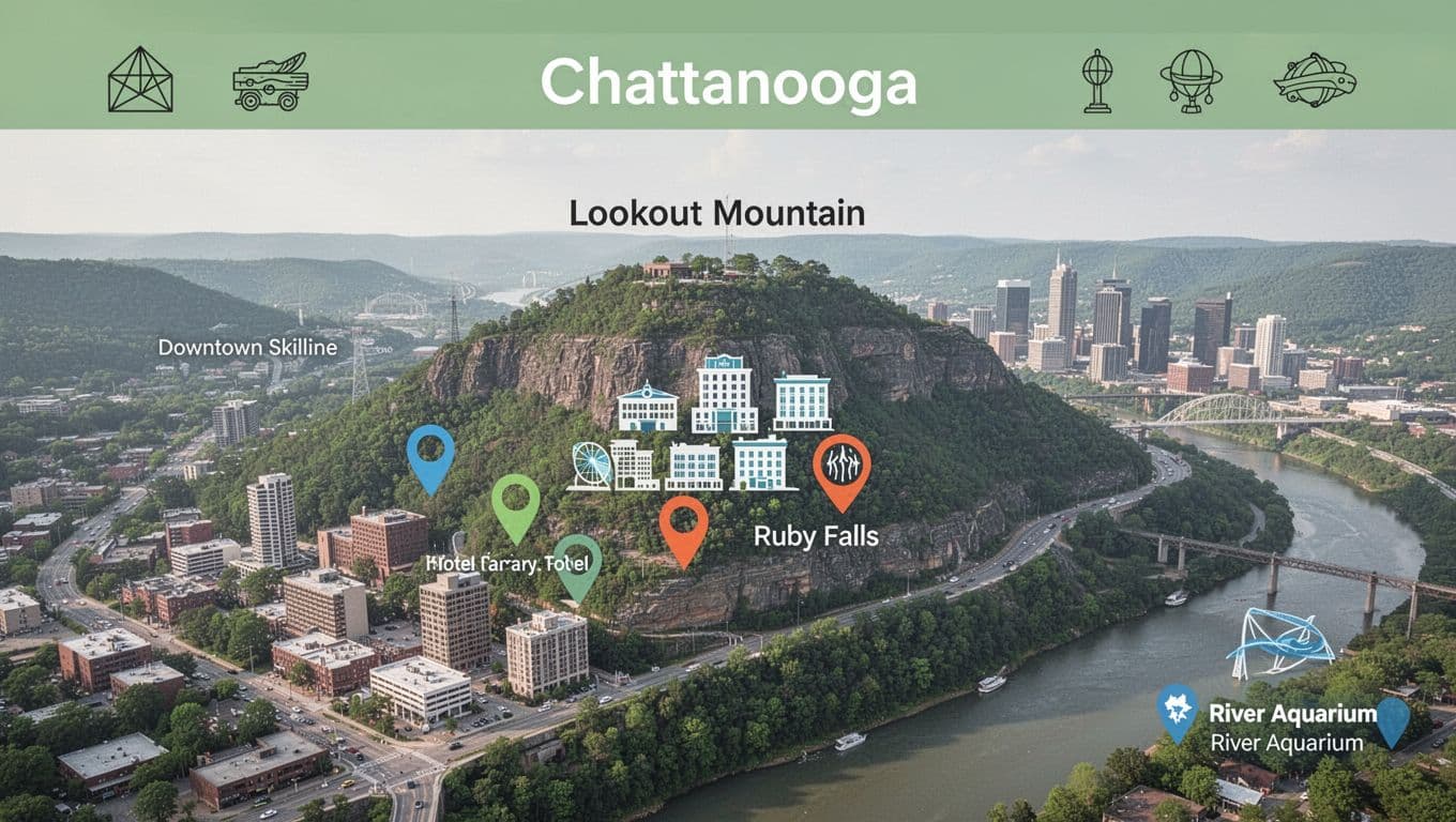 Simple illustrative aerial map of Chattanooga overviewing Ruby Falls hotels cluster on Lookout Mountain and proximity to downtown skyline, river, and Aquarium marker. Bold branded 'Proximity Map' headline in green horizontal band atop geometric sans-serif style.