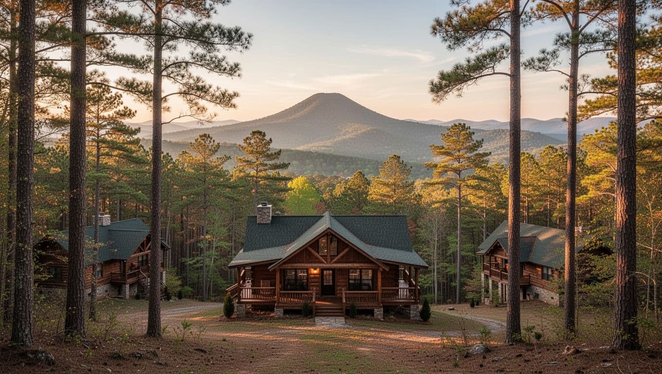 Photorealistic landscape of cozy cabins nestled in forested mountains at Cheaha State Park, Alabama, during golden hour with wide view, trees, distant peak, and prominent foreground cabin. Bold editorial style features 'Park Cabins' headline on edge-to-edge green band near top.