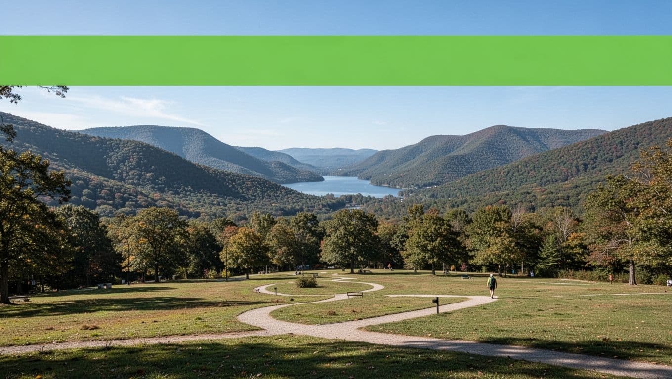 Scenic landscape from Cheaha State Park overlook showing rolling forested mountains, distant lake, clear blue sky, and a winding trail with one small hiker, topped with bold 'Park Views' headline on green band.